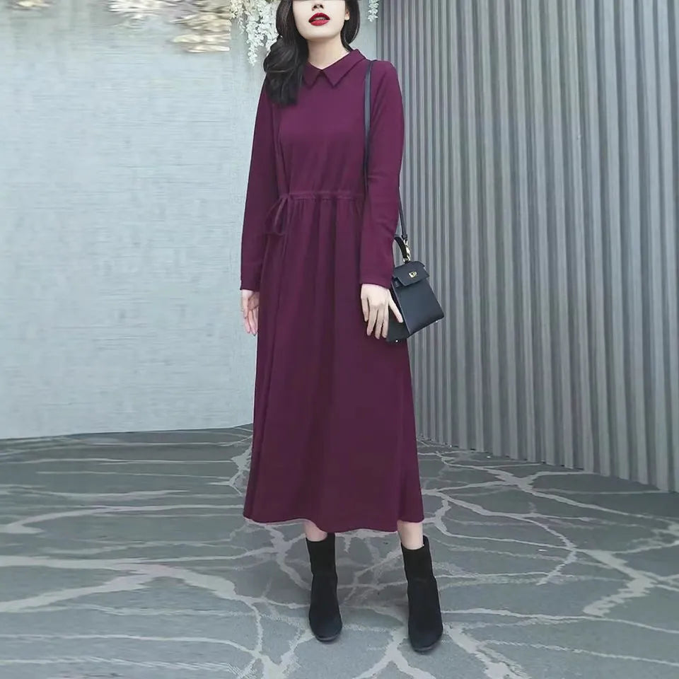 Purplish red plus size women's dress with extra long sleeves and urban style for autumn winter wear