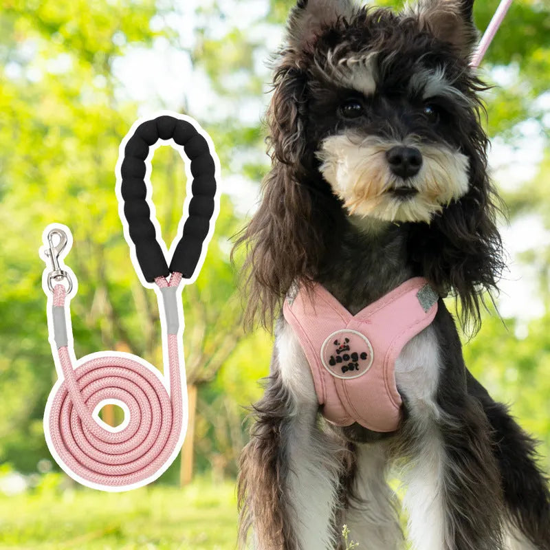 Adjustable polyester pet vest harness with hand holding rope in blue, green, pink or yellow colours