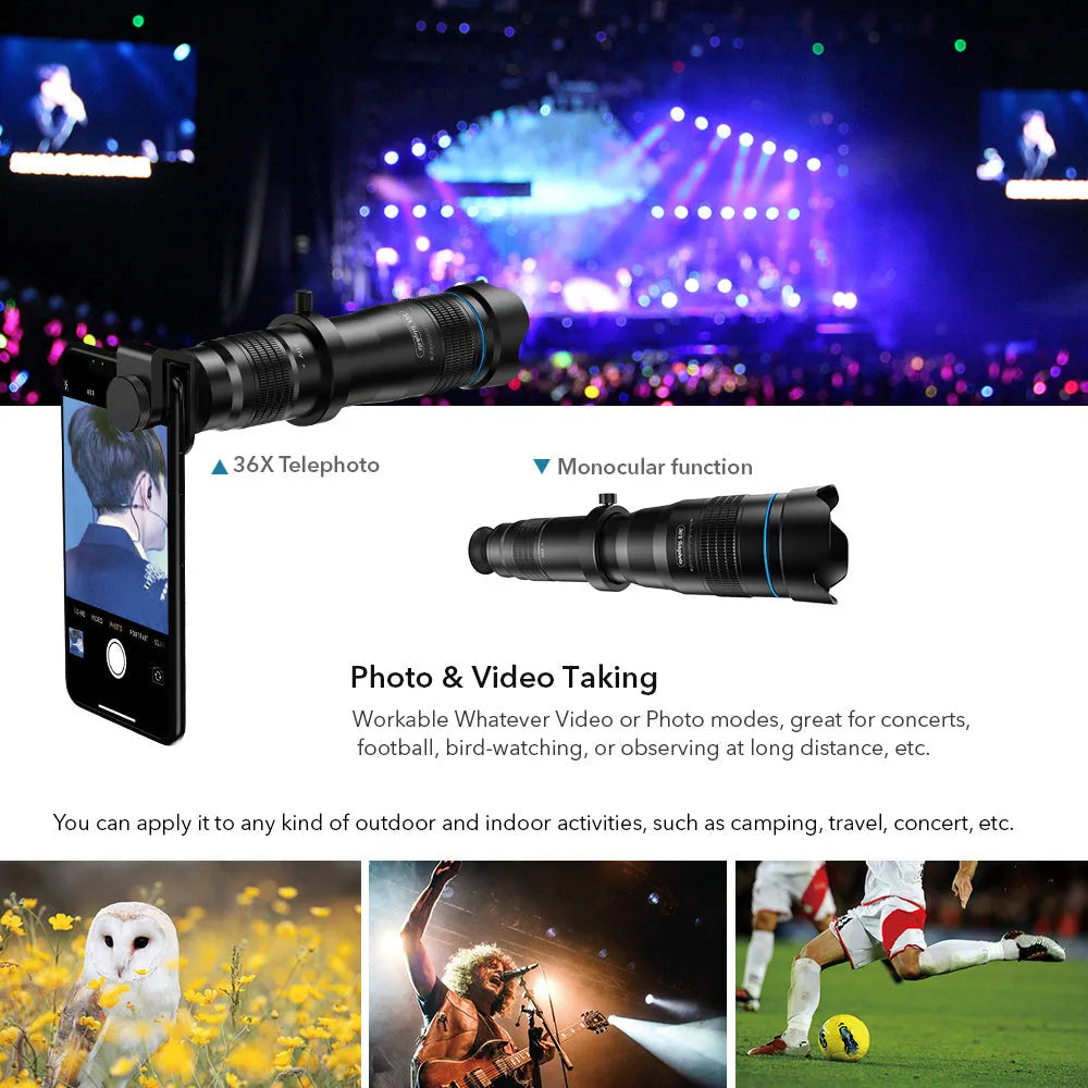 Black 36x optical zoom monocular lens attached to smartphone on adjustable tripod for outdoor photography