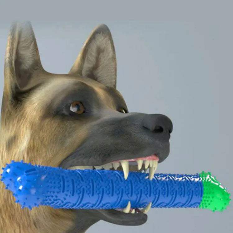 Blue and green silicone dog dental chew stick with textured cleaning surface and nodules for gum massage.