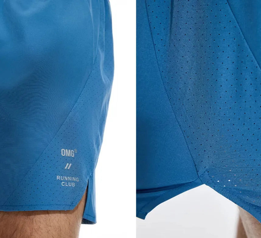 Black and blue four-point stretch running shorts with laser-punched stitching for training.