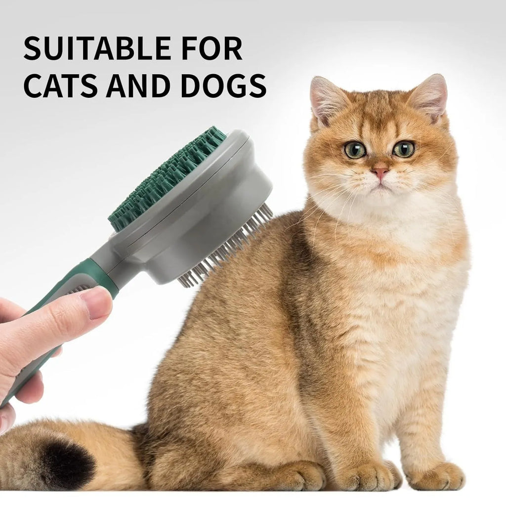 Green two-sided silicone pet brush with retractable slicker on one side and octopus-teethed massager on the other