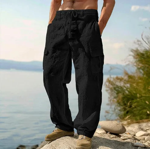 Men's loose thin cotton trousers with wide-leg design in various solid colours