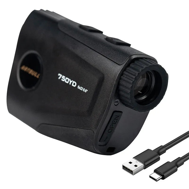 Rechargeable golf laser rangefinder with 6X magnification and LCD display showing 750 yard range capability