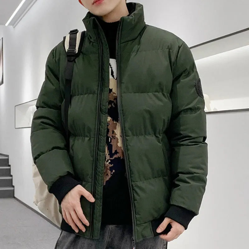 Thick warm cotton padded cardigan style jacket for men in khaki colour loose fit polyester