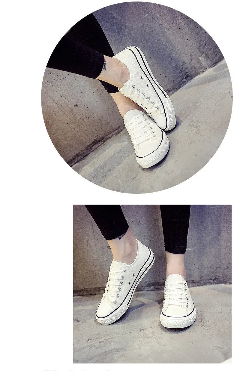 Women's canvas shoes in solid colours including black, white-black, white-red, and all-black variations