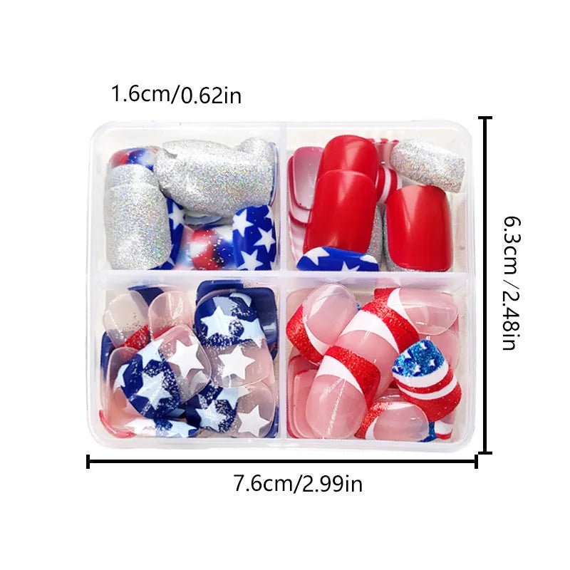 False nail set with American flag and five-pointed star Independence Day design in three colour combinations