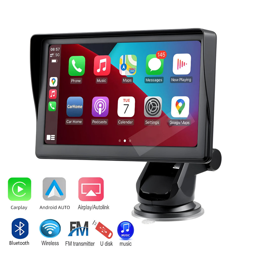 7 inch portable car smart screen with wireless CarPlay on retractable bracket mounted to vehicle windscreen