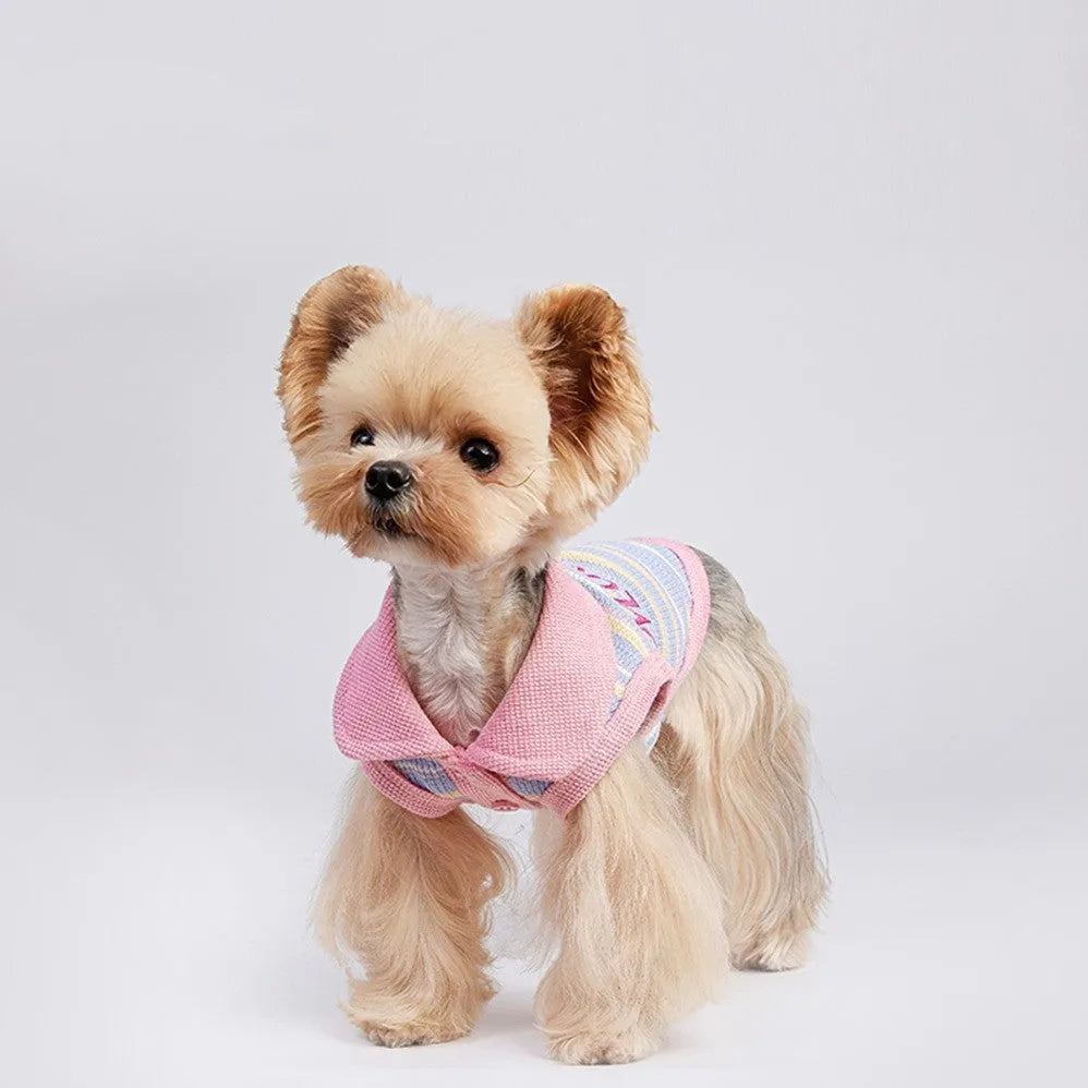 Pink purple dog autumn vest shown with seven size options from XXS to XXL for pets 1.50kg to 14.00kg