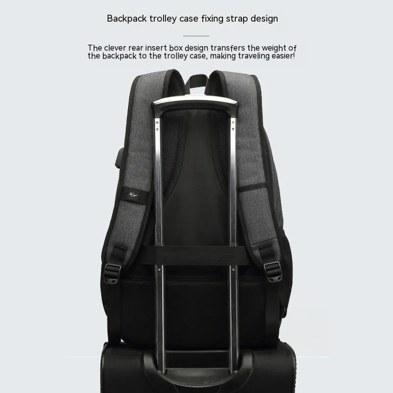 Black nylon backpack with USB charging port showing dimensions 32cm length 46cm height
