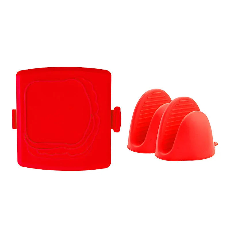Red silicone baking tray with a large integrated handle and a pair of detachable blue baking gloves.