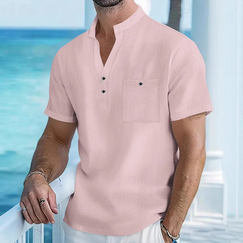 Men's linen blend stand collar short sleeve shirt in loose fit t-shirt style