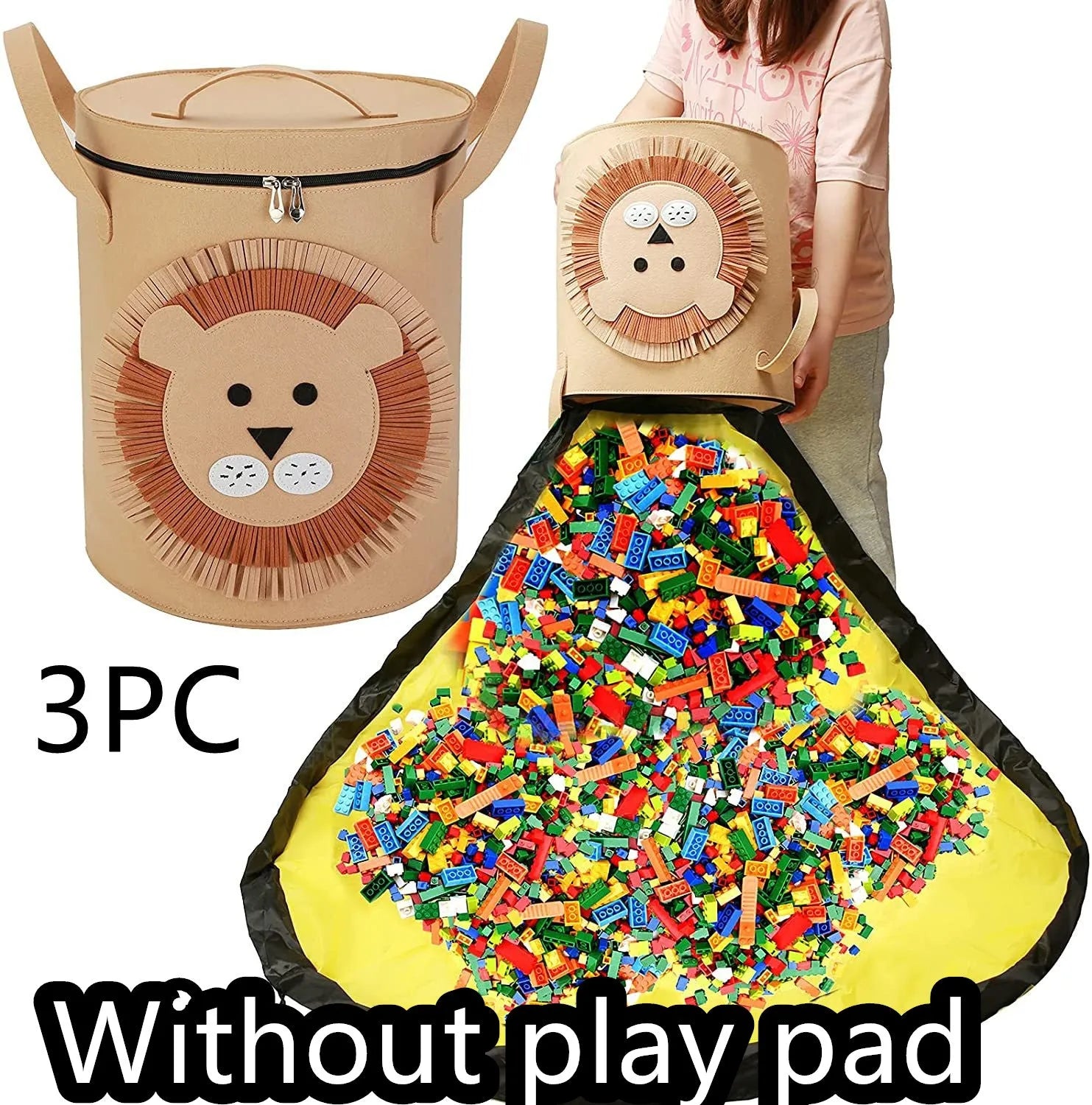 Green felt cube storage bag with pull rope, shown as a toy organiser and play mat.
