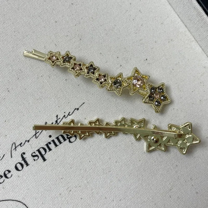Gold rhinestone barrettes hair clip with five-pointed star design for side hair and bangs