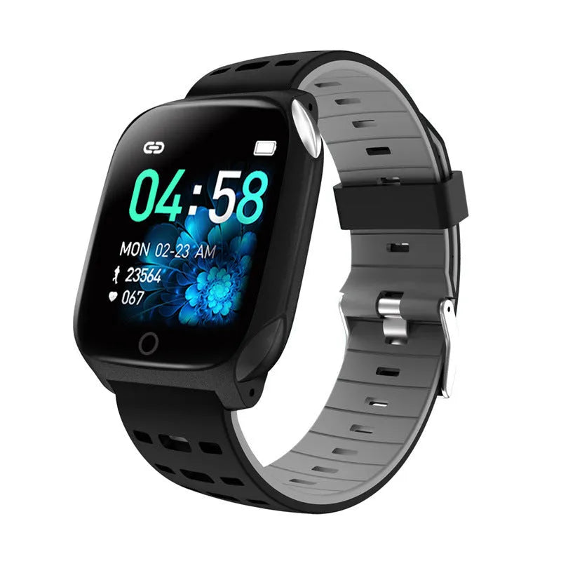 F16 Smart Watch with ECG and blood pressure monitoring on a black silicone wristband.