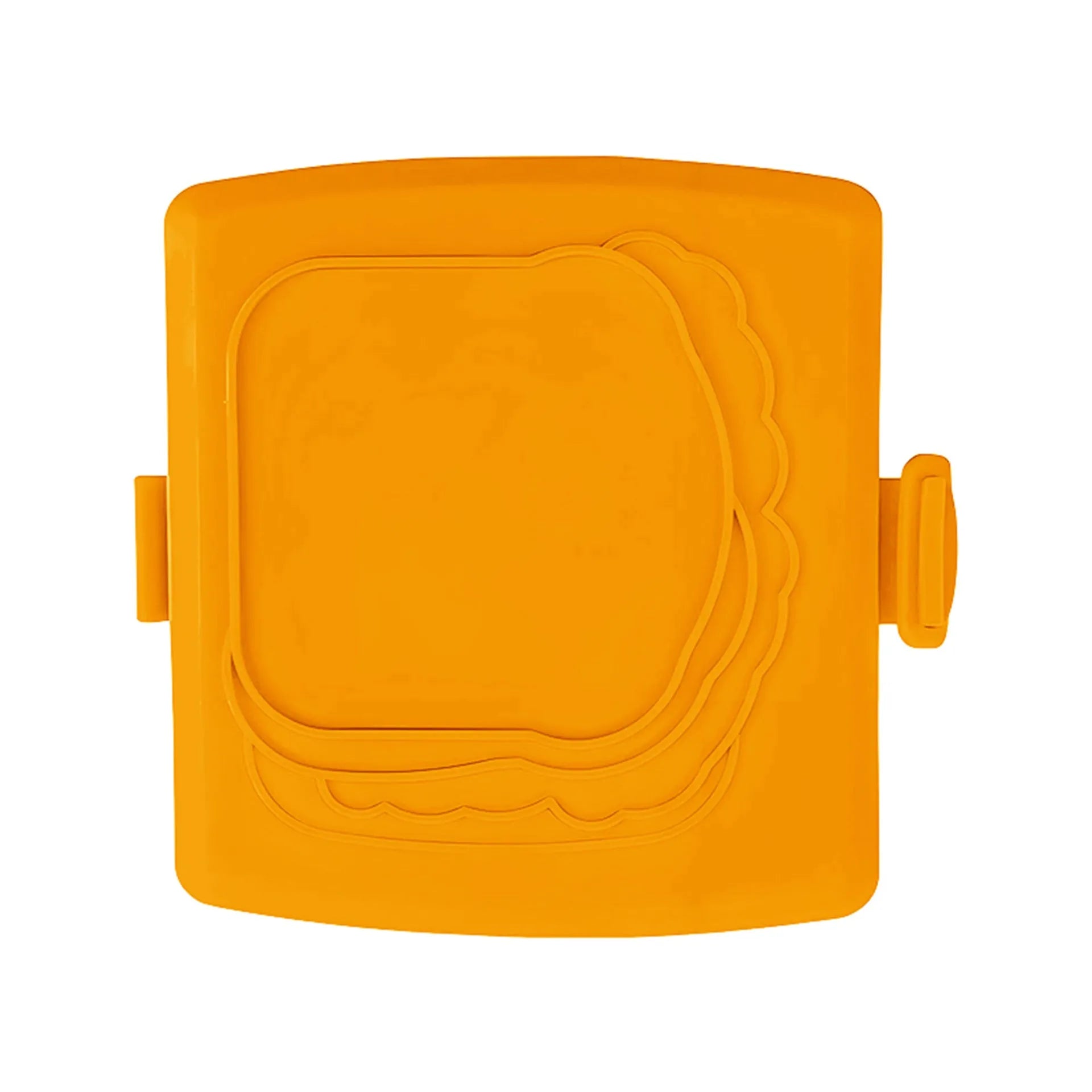 Red silicone baking tray with a large integrated handle and a pair of detachable blue baking gloves.