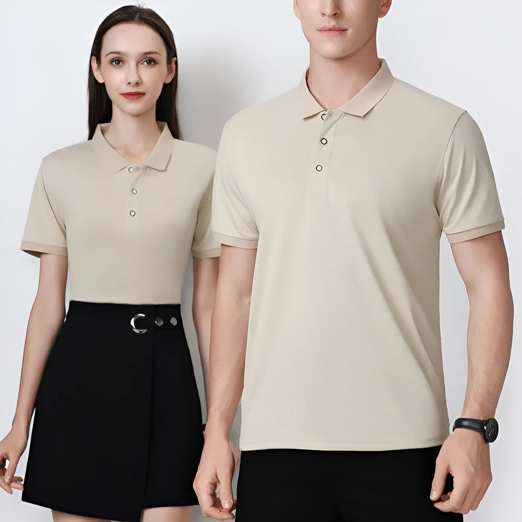 Ice silk short sleeve polo shirt on a hanger, shown in a light blue colour, plain front ready for logo.