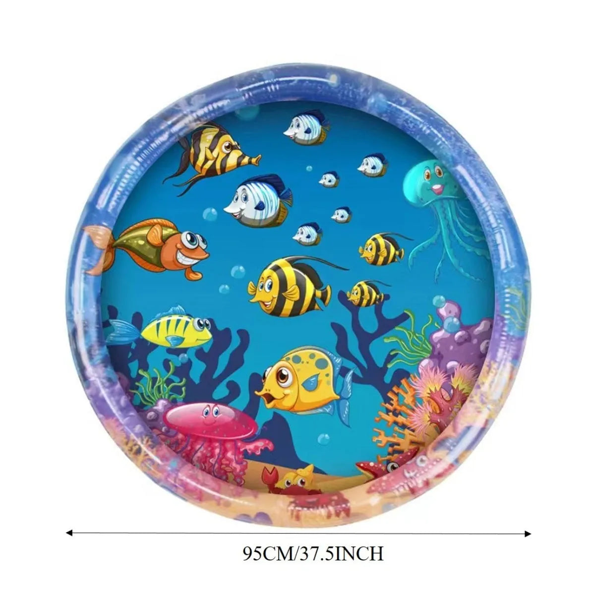 Thickened PVC water playmat for cats with ocean fish design and floating toys on a blue surface.