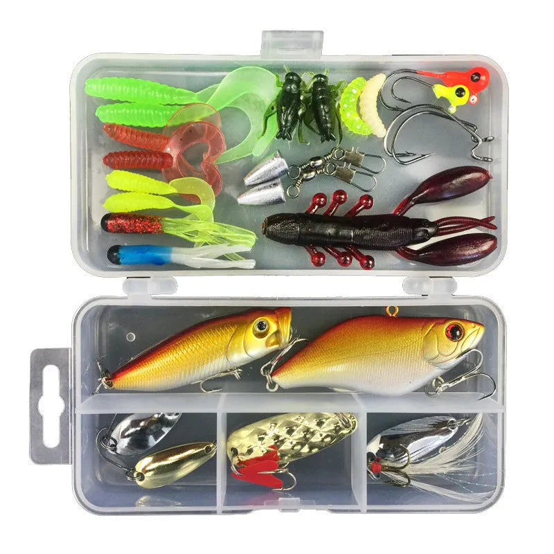 Junior fishing lure suit with PP storage box containing soft plastic baits in 28 to 106 piece size options