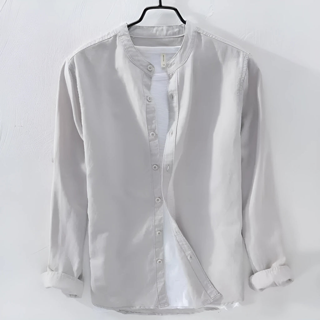 Loose casual long sleeve shirt in cotton linen fabric showing solid colour design