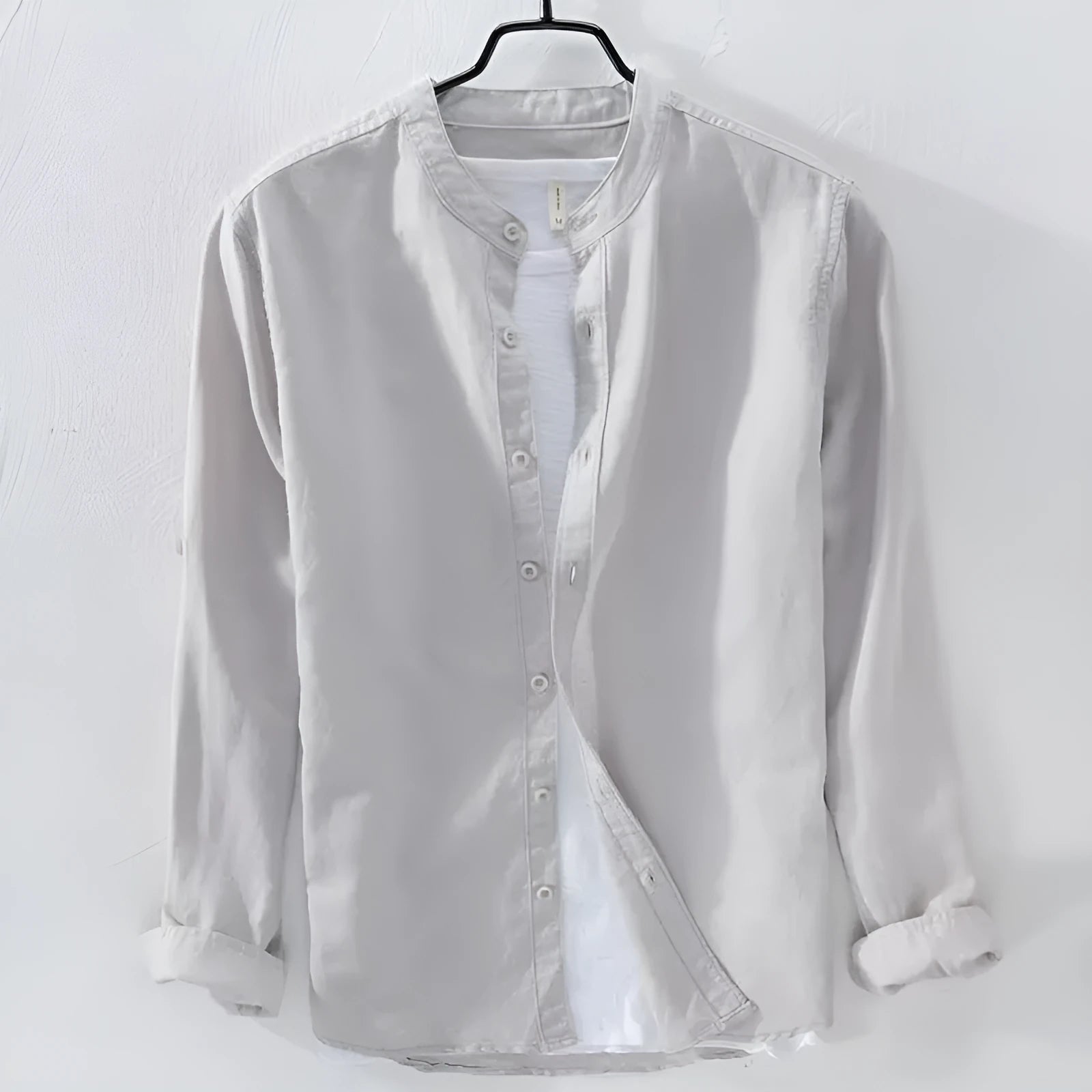 Loose casual long sleeve shirt in cotton linen fabric showing solid colour design