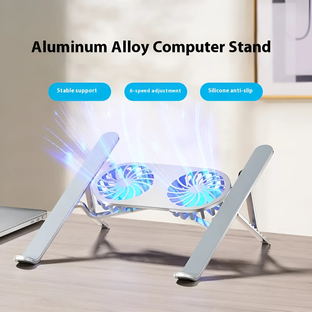 Silver aluminium laptop cooling stand with twin fans in folded and unfolded positions