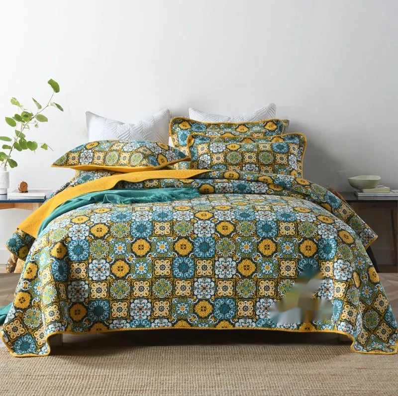 Pure cotton bedspread three-piece set with geometric pattern double-sided printing