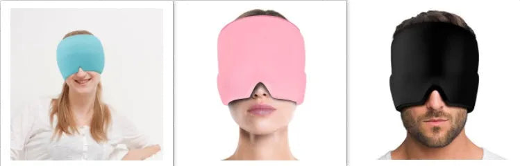 Black reusable gel ice mask for eyes and forehead on a white background