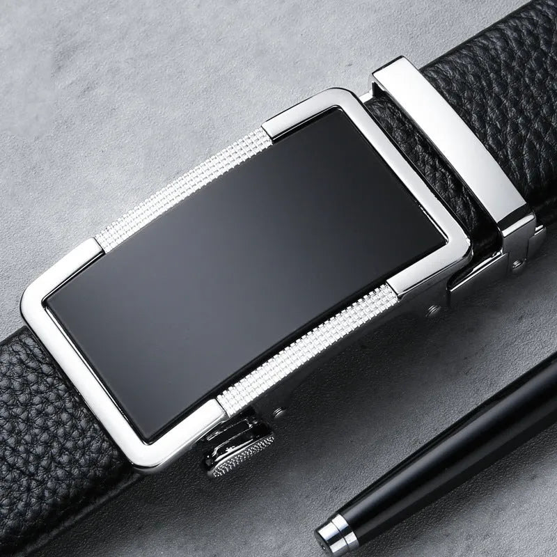 Men's leather automatic buckle belt in gold finish, showing the alloy Comfort Click fastener.