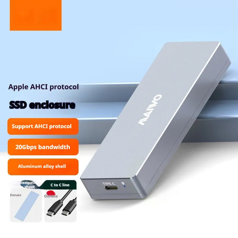 Silver M.2 SATA SSD external hard drive enclosure with Type-C port, screwdriver, screws, heat pad, and cable.