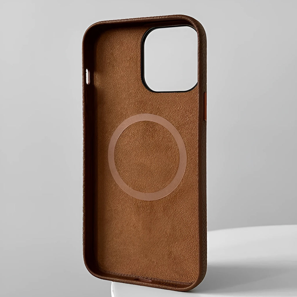 Tan cowhide leather lychee pattern phone case for iPhone with magnetic suction option