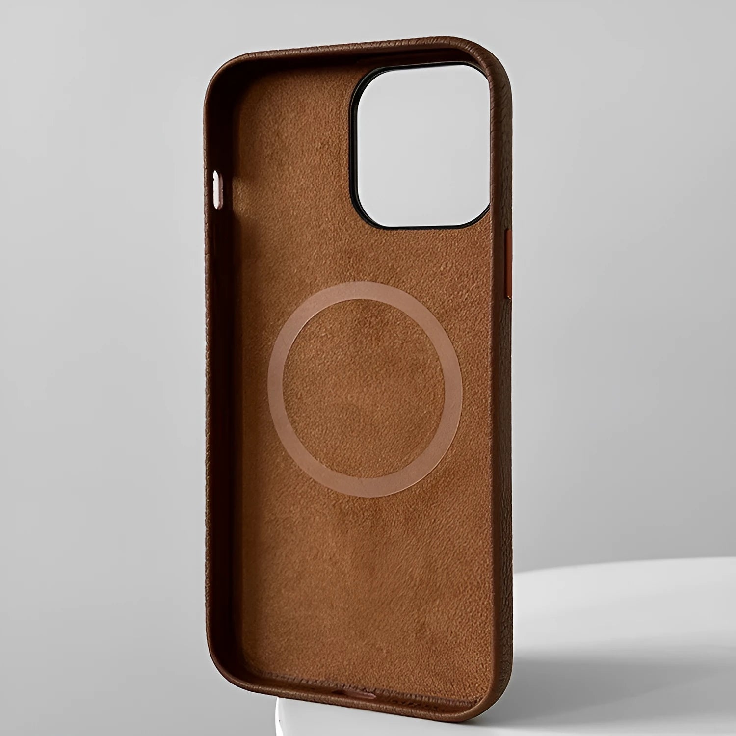 Tan cowhide leather lychee pattern phone case for iPhone with magnetic suction option