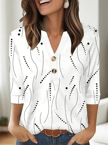 Women's casual V-neck t-shirt with 3D printed pattern showing loose-fit Asian sizing