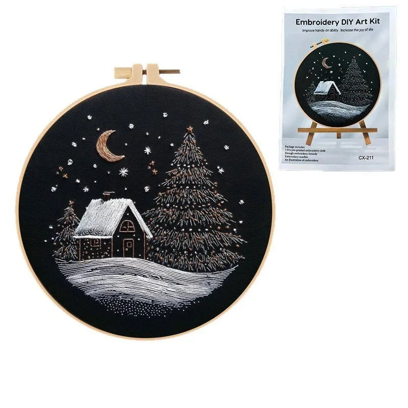 Christmas snow house embroidery fabric kit 28x28cm cotton linen with CX211 tool set landscape pattern