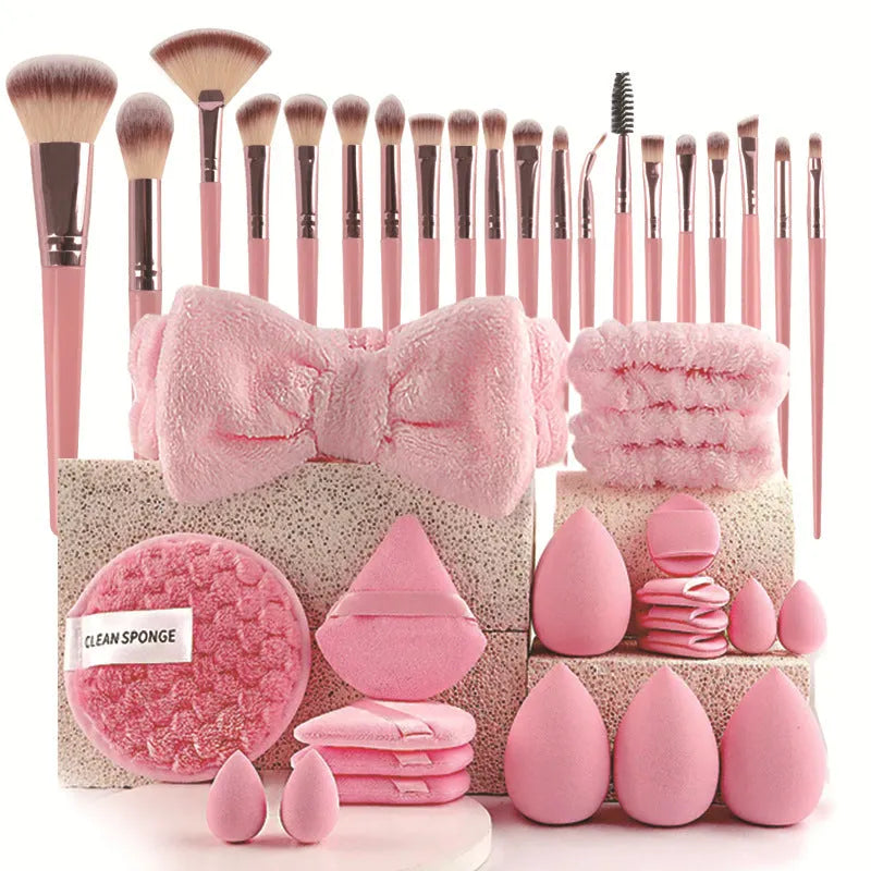 Beauty tools combination set with hydrophilic non-latex face wash and makeup tools in brown, pink, and purple colours