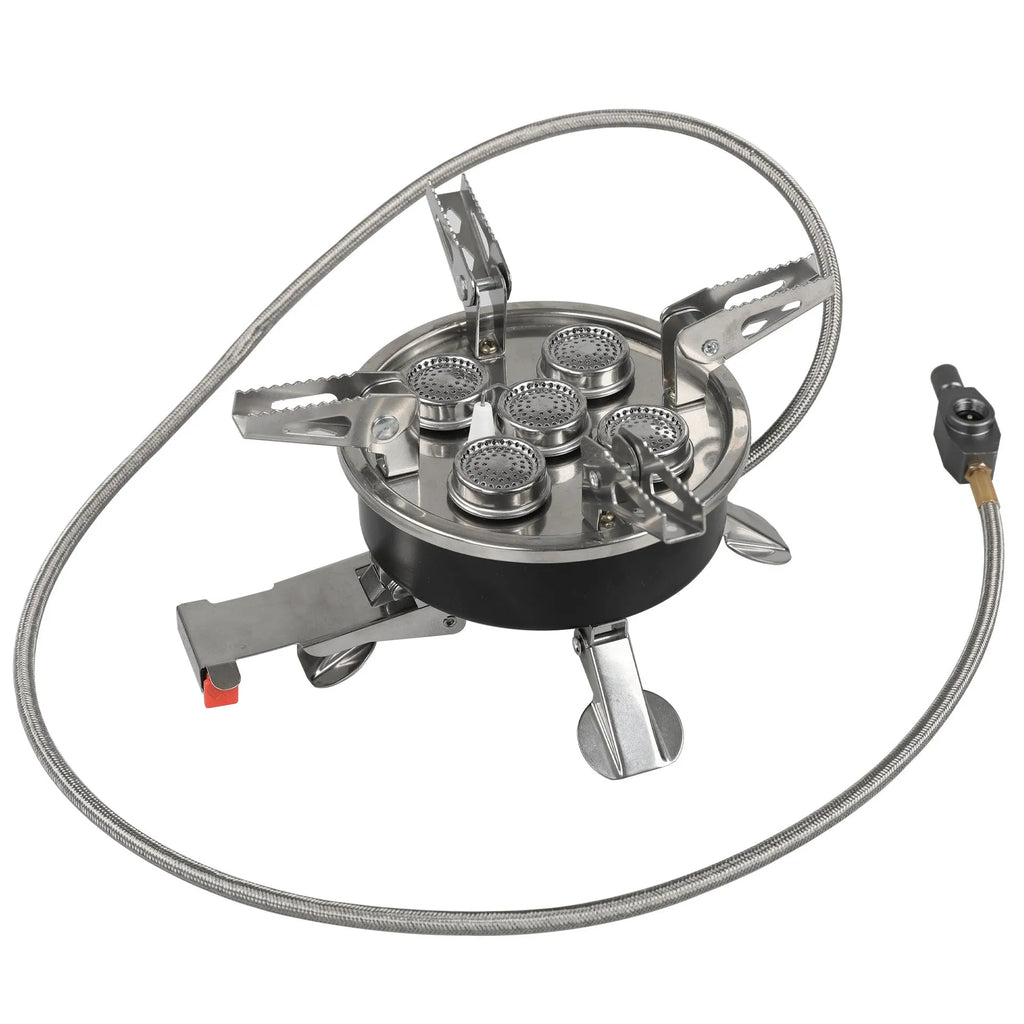 Silver portable split camping stove with extended hose shown folded and unfolded for outdoor cooking