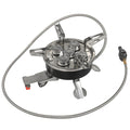 Silver portable split camping stove with extended hose shown folded and unfolded for outdoor cooking