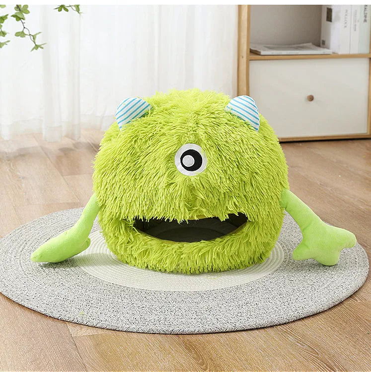 Round fluffy plush cat bed with a non-slip base, shown in three sizes.