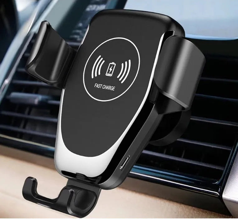 Black car wireless charger mounted on a vent, holding an iPhone with automatic clamping arms visible.
