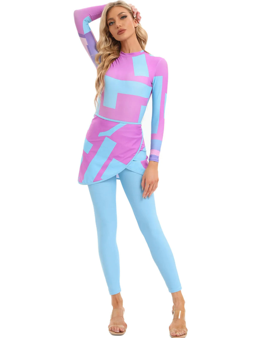 Conservative Muslim swimsuit three-piece set with apron in polyester fabric for beach swimming