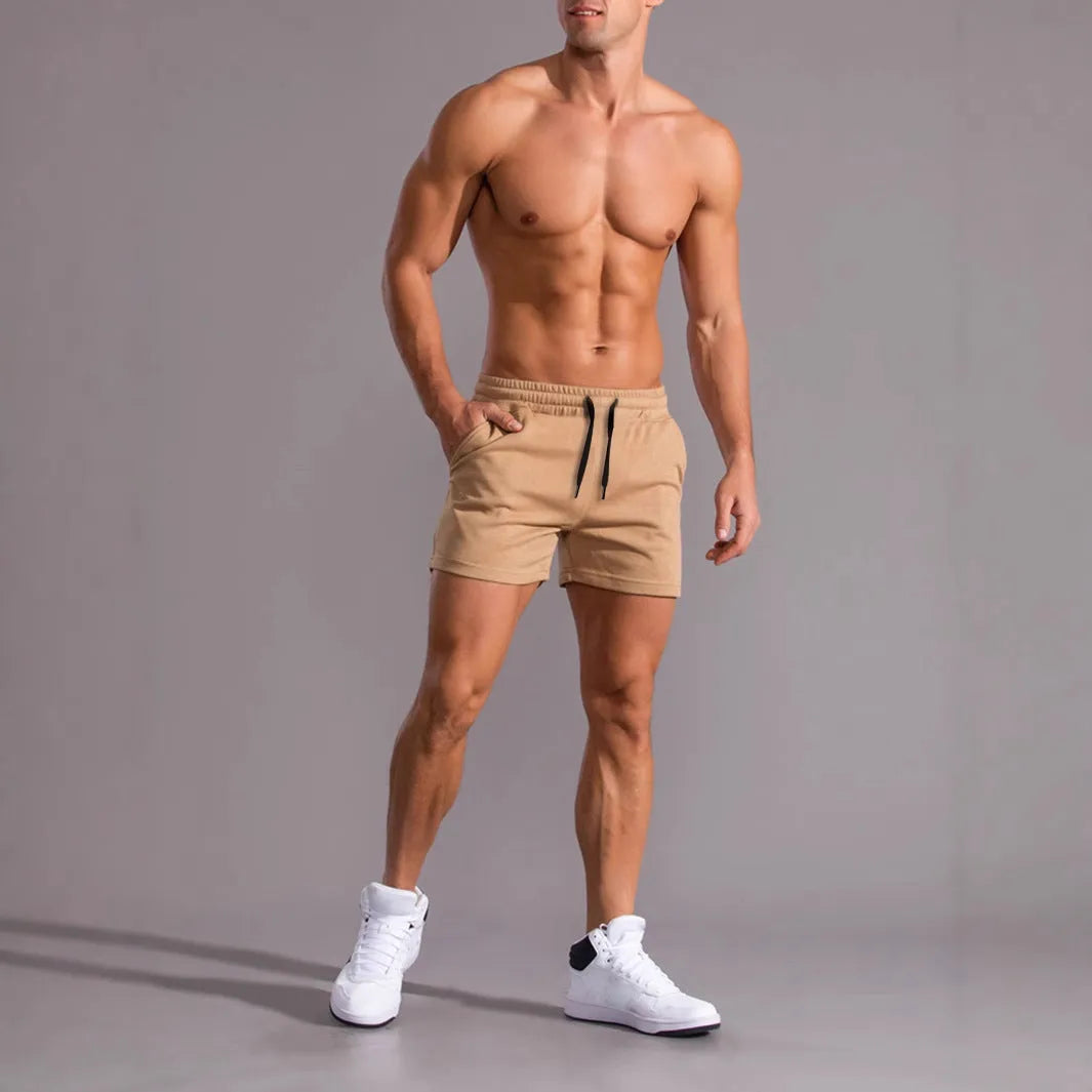 Men's 3-piece drawstring shorts set in black, khaki, and light brown colours showing loose fit design