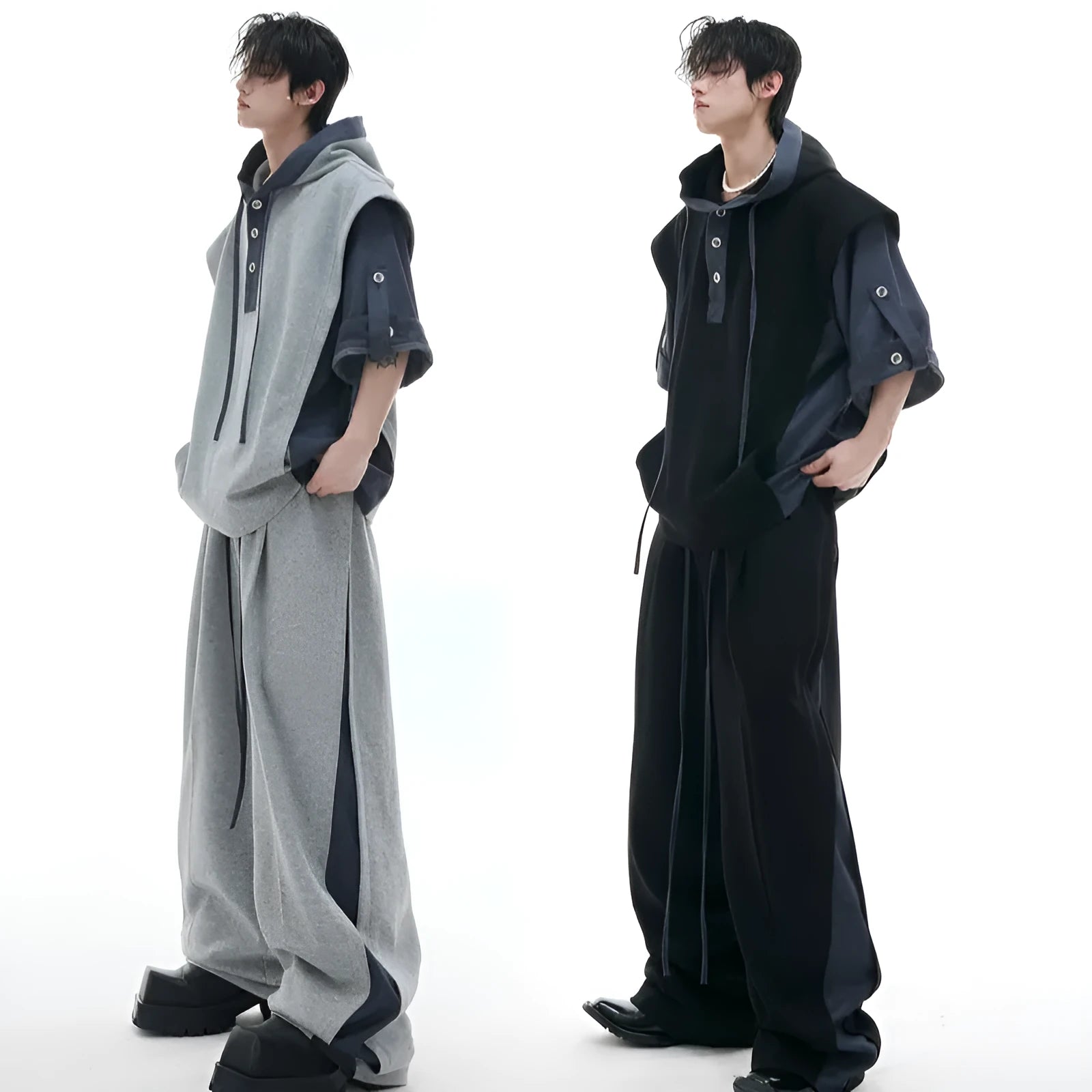 Men's black and grey polyester hooded sports suit with three-dimensional stitching on jacket