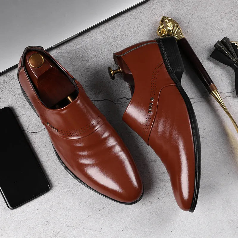 Men's casual black pointed toe leather shoes with low heel and elastic band