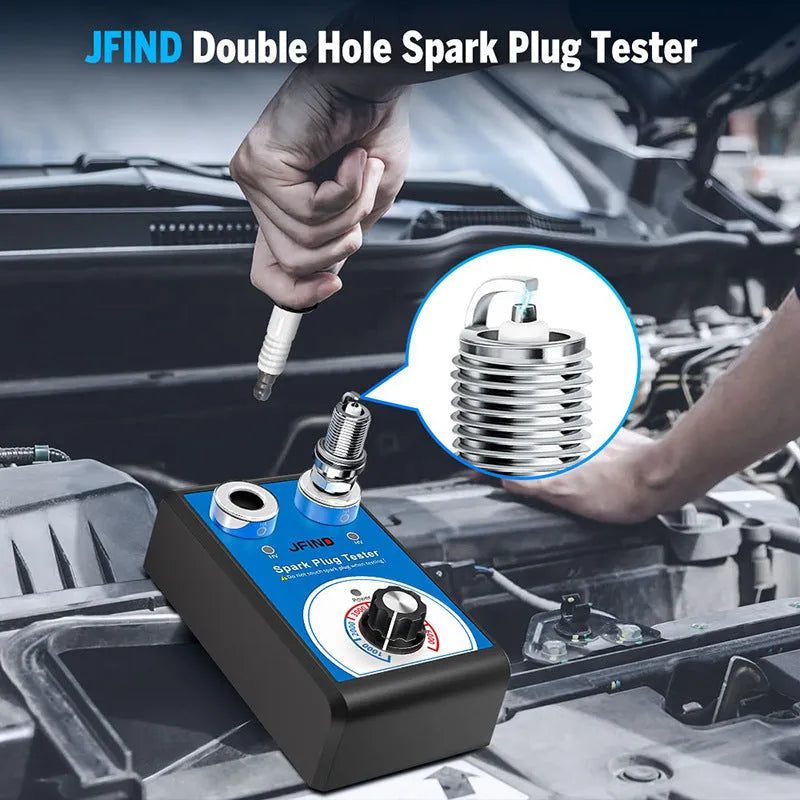 Car ignition fault detector diagnostic tool for testing spark plugs on a workbench.