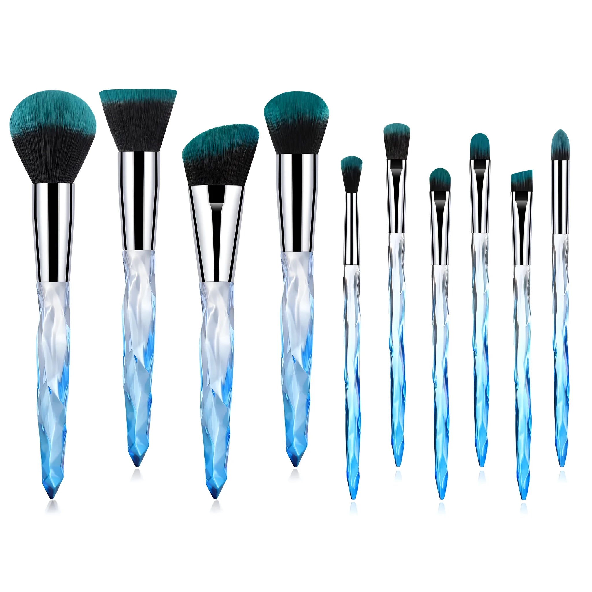 Ten crystal-handle foundation makeup brushes with synthetic bristles laid out flat