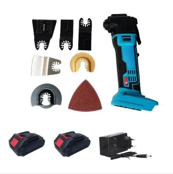 Rechargeable brushless lithium battery trimming machine with metal body, dual charger, and plastic accessory box.