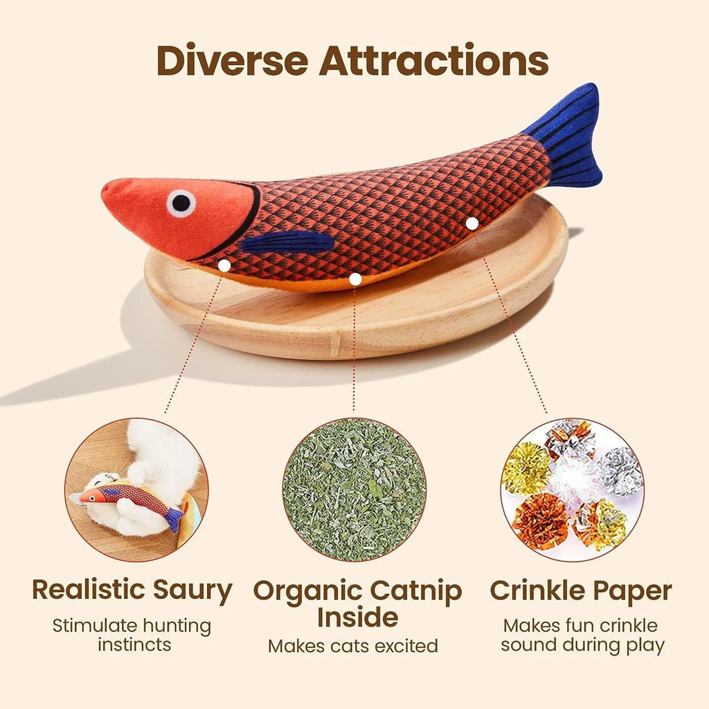 Soft plush catnip fish toy in bright colours measuring 24cm for interactive cat play