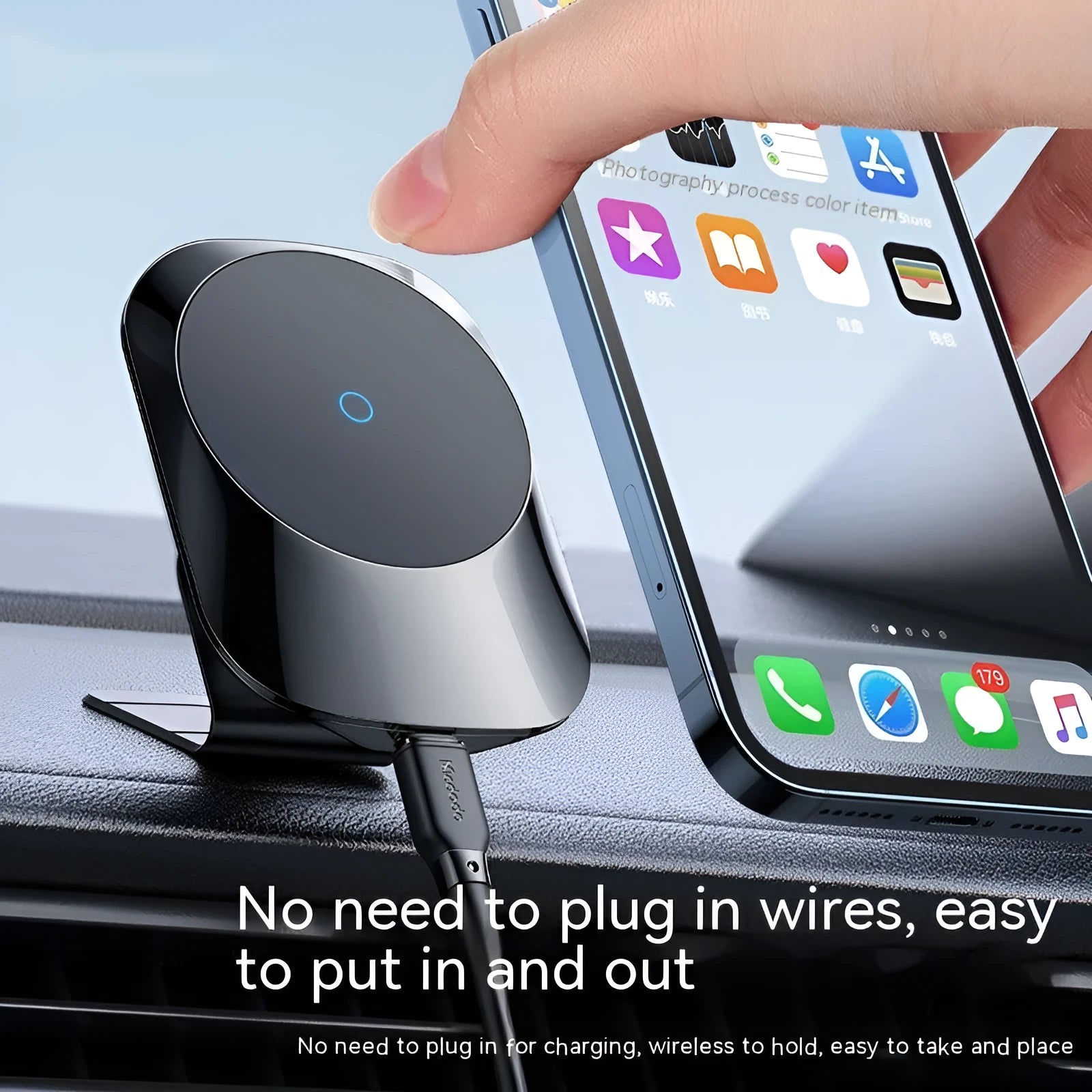 Black magnetic car wireless charger with dashboard and air vent mounting bases