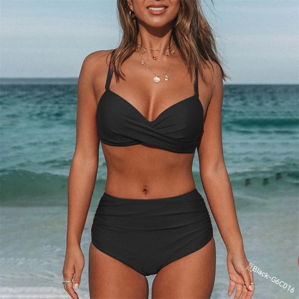Women's cross-strap bikini swimsuit in solid colours with nylon fabric