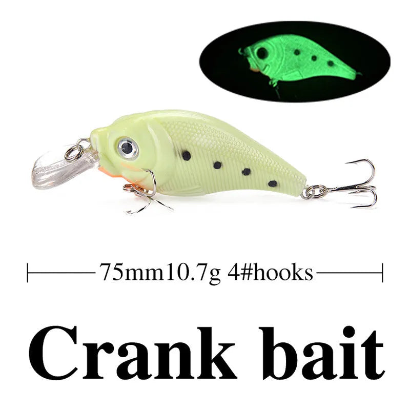 Five fluorescent 3D simulation submerged luminous hard bait fishing lures in box for predator fishing